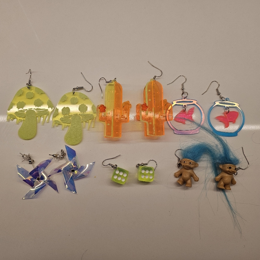 Colorful Earring Set with Troll Dolls and Dice